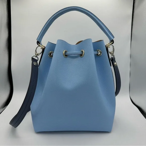 Henri Bendel Thompson Bucket Bag Periwinkle Blue Leather Shoulder Strap Charm
